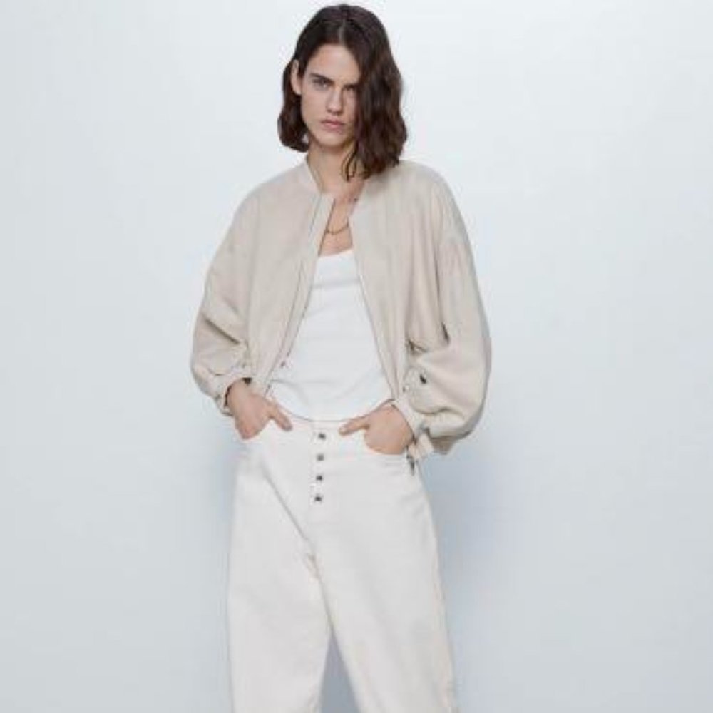 Zara Beige Faux Suede Bomber